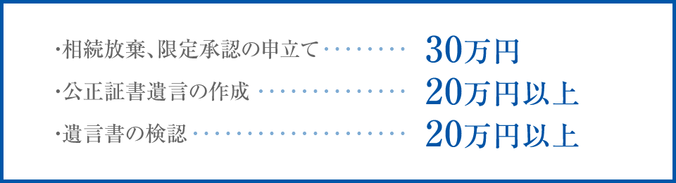 ・相続放棄、限定承認の申立て 30万円・公正証書遺言の作成 20万円以上・遺言書の検認 20万円以上